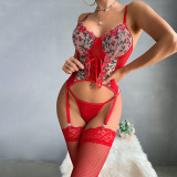 Flower Embroidered Cross Strap Sexy Lingerie Gift Set of Three
