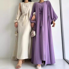 Loose Middle Eastern Abaya Suit Dress with Tie Waist