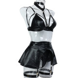 Halterneck Hollow Black PU Leather Four-piece Sexy Lingerie Set