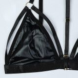 Halterneck Hollow Black PU Leather Four-piece Sexy Lingerie Set