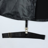 Halterneck Hollow Black PU Leather Four-piece Sexy Lingerie Set