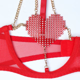 Love Crystal and Metal Chain Hollow Underwear Four-piece Set
