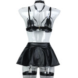 Halterneck Hollow Black PU Leather Four-piece Sexy Lingerie Set