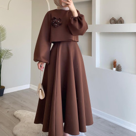 Dubai Floral Lantern Sleeve Loose Dress Two-piece Set