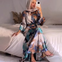Pleated Waist Long-sleeve Midi Dress