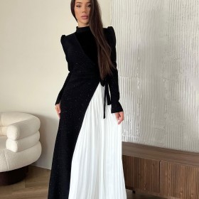 Long-sleeved Patchwork Pleated Faux Two-piece Dress