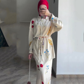 Floral Print Casual Silky Long Skirt Two-piece Set