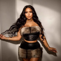 Spliced ​​leather Skirt and Bandeau Two-piece Set
