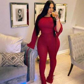 Solid Color Lace-up Long-sleeved Two-piece Set