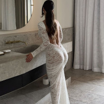 Backless Lace Flower See-through Hip Dress