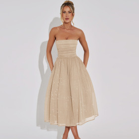 Strapless Off-shoulder Sequined Double-layer Tight Waist Dress