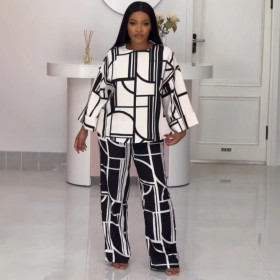 Printed Round Neck Long Sleeves Loose Two Piece Set