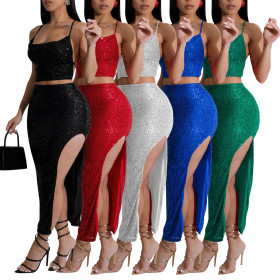 Slit Skirt Camisole Sequin Skirt Suit