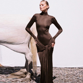 High Neck Long Sleeve Patchwork Strap Dress
