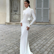 Solid Color High Neck Long Sleeve Hip Dress