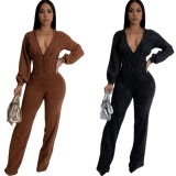 Spliced ​​V-neck long-sleeved jumpsuit