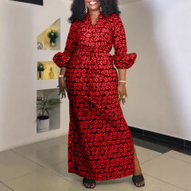 Printed Drawstring Waist Slit Dress