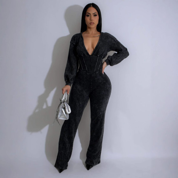 Spliced ​​V-neck long-sleeved jumpsuit