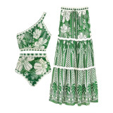 One Shoulder Mesh Skirt Swimsuit Set