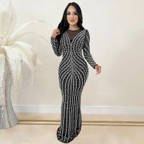 Hot Rhinestone Slim Fit Long-sleeved Mesh Dress