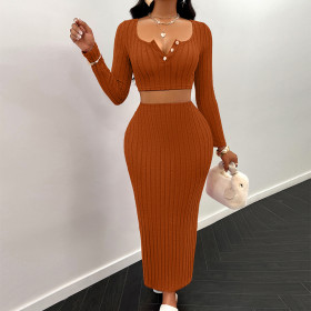 Long Sleeve Hip-covering Skirt Suit