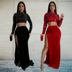 Sequined Long-sleeved Slit Two-piece Dress