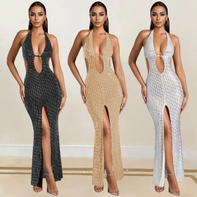 Sleeveless Halterneck Off-shoulder Scalloped Slit Dress