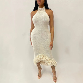 Halterneck Open Back High Waist Slim Fit Hip-covering Woolen Dress