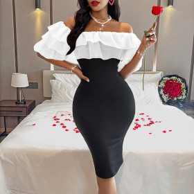 Bright Silk Ruffled Patchwork Puff Sleeve One-shoulder Dress with Waist and Slits