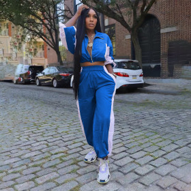 Long-sleeved Zippered Waist Top and Drawstring Straight-leg Pants Suit