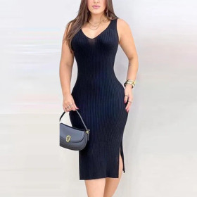V-neck Side Slit Woolen Bodycon Dress