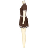 Knitted Sweater Exposed Waist POLO Collar Short-sleeved Pleated Skirt Two-piece Set