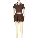Knitted Sweater Exposed Waist POLO Collar Short-sleeved Pleated Skirt Two-piece Set