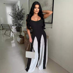 Hollow Wide-leg Knitted Suspender Patchwork Jumpsuit with Contrasting Colors