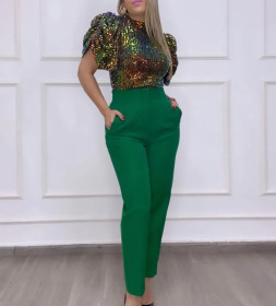Gradient Puff Sleeve Turtleneck Sequined Top Suit