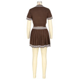 Knitted Sweater Exposed Waist POLO Collar Short-sleeved Pleated Skirt Two-piece Set