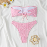 Solid Color Bandeau Bikini Split High Waist Pleated Lace-up Swimsuit