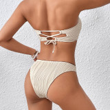 Solid Color Bandeau Bikini Split High Waist Pleated Lace-up Swimsuit