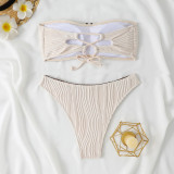 Solid Color Bandeau Bikini Split High Waist Pleated Lace-up Swimsuit