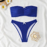 Solid Color Bandeau Bikini Split High Waist Pleated Lace-up Swimsuit