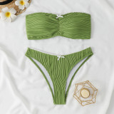 Solid Color Bandeau Bikini Split High Waist Pleated Lace-up Swimsuit