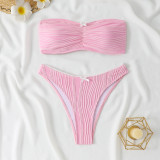Solid Color Bandeau Bikini Split High Waist Pleated Lace-up Swimsuit