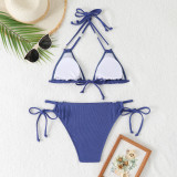 Solid Color Strappy Halterneck Pearl Tankini Swimsuit