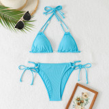Solid Color Strappy Halterneck Pearl Tankini Swimsuit