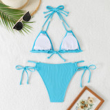 Solid Color Strappy Halterneck Pearl Tankini Swimsuit