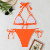 Solid Color Strappy Halterneck Pearl Tankini Swimsuit