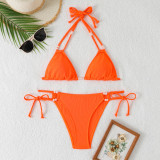 Solid Color Strappy Halterneck Pearl Tankini Swimsuit
