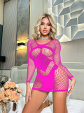 Sexy Lingerie One-piece Long-sleeved Fishnet Ripped Hip-covering Skirt Mesh with Hollows