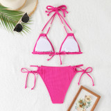 Solid Color Strappy Halterneck Pearl Tankini Swimsuit
