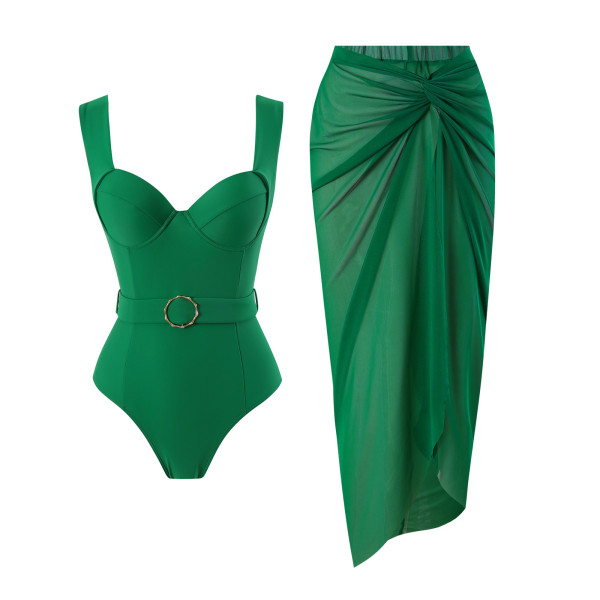 Solid Color One Piece Swimsuit Swimsuit Set
